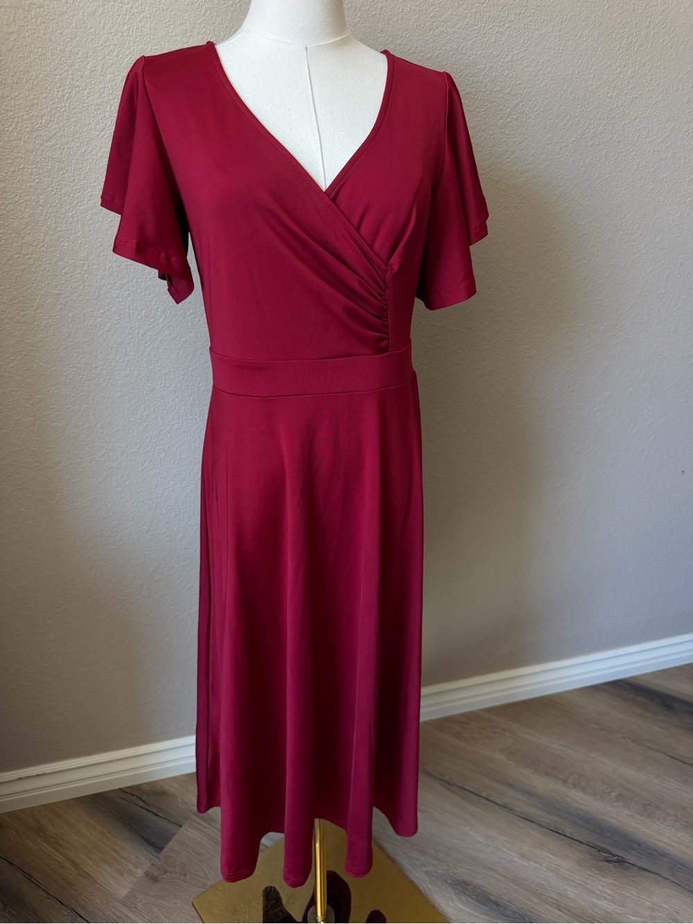 NWT Elegant Wine-Red Faux Wrap Midi Dress, Medium